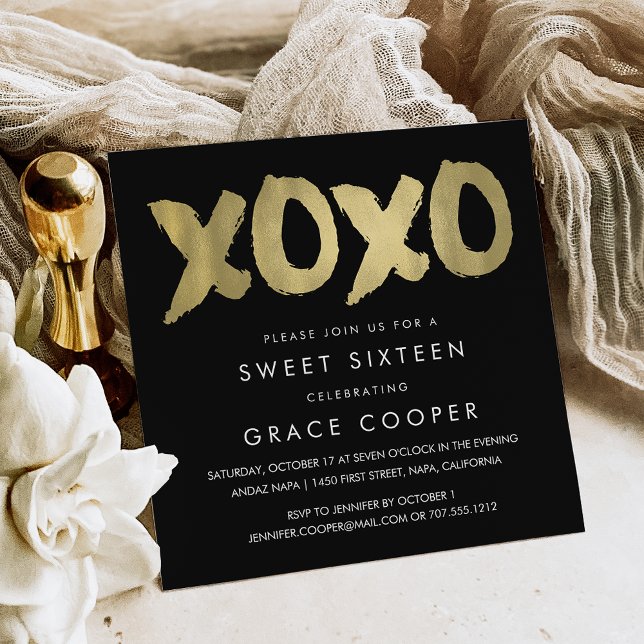 XOXO Faux Gold & Black Sweet Sixteen Invitation (Creator Uploaded)