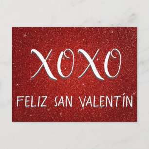 XOXO Feliz San Valentín Red Sparkle and Glitter Postcard