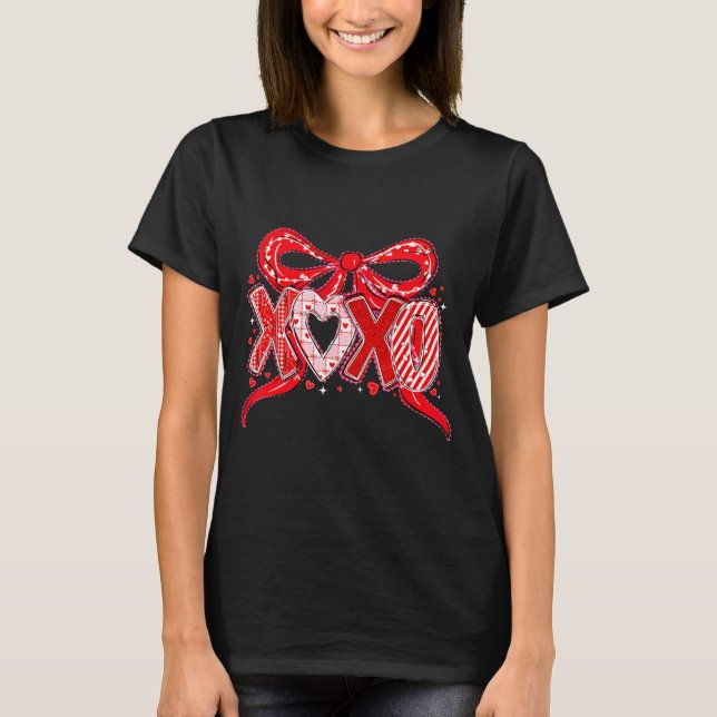 Xoxo Funny Valentines Day Love Coquette Bow Checke T-Shirt (Front)