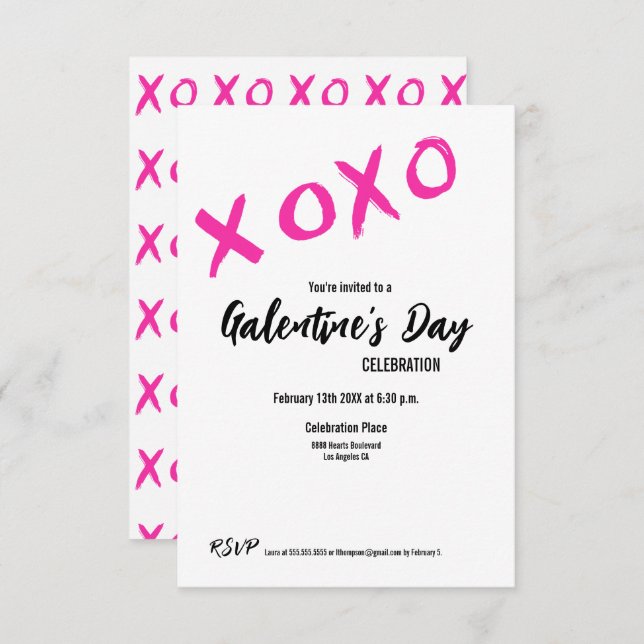 XOXO Galentine's Day PINK WHITE Valentines Party Invitation (Front/Back)