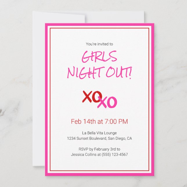 XOXO Girls Night Out Pink Cute Galentine Day Party Invitation (Front)
