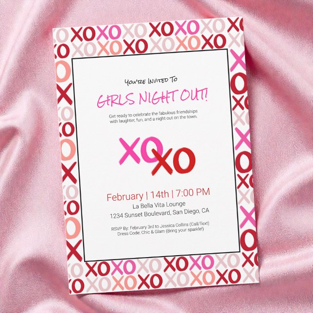 XOXO Girls Night Out Pink Cute Galentine Day Party Invitation (XOXO Girls Night Out Pink Cute Galentine Day Party Invitation)