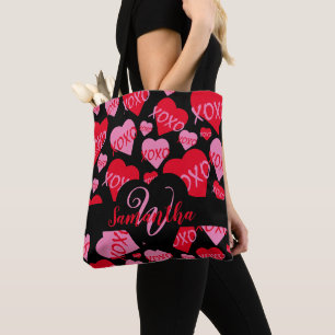 XOXO Heart Pink Red Pattern Monogram Black Tote Bag