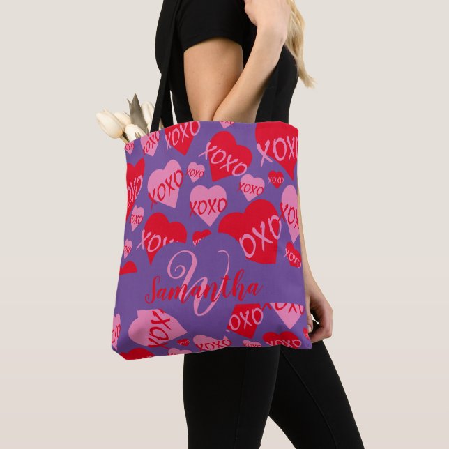 XOXO Heart Pink Red Pattern Monogram Purple Tote Bag (Close Up)