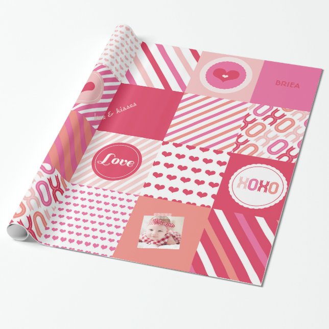 XOXO Hot Pink Valentine Patchwork Sweet Love Photo Wrapping Paper (Unrolled)