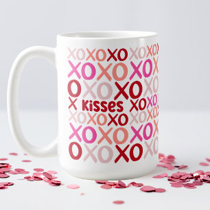 XOXO Hugs and Kisses Pink and Red Cute Galentine Coffee Mug
