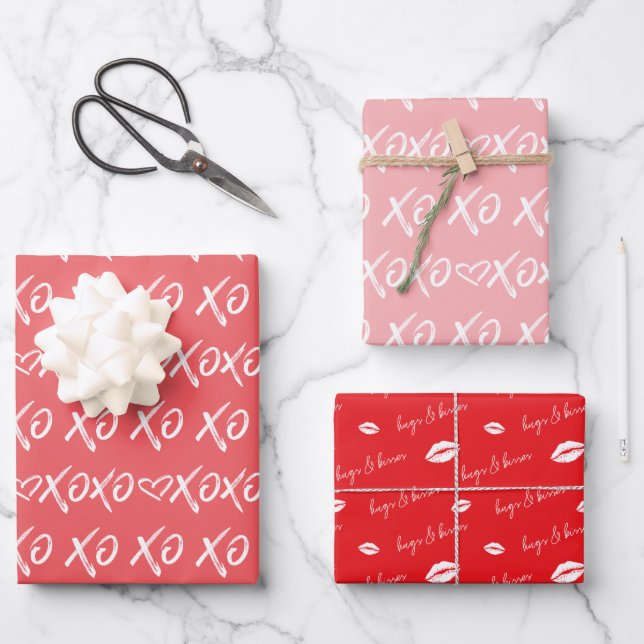 XOXO Hugs & Kisses Brush Script Red & Pink Wrapping Paper Sheet (Front)