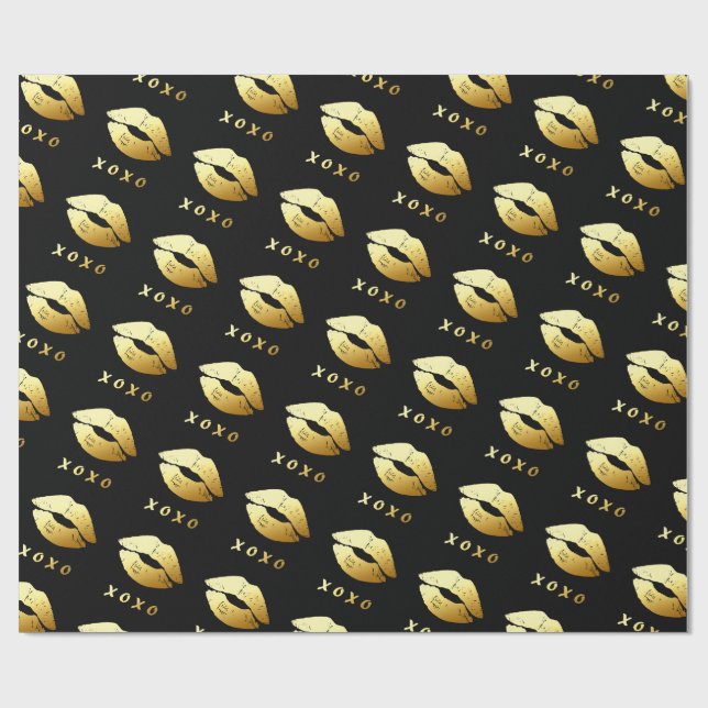 XOXO Hugs Kisses Love with Fashionable Golden Lips Wrapping Paper (Flat)