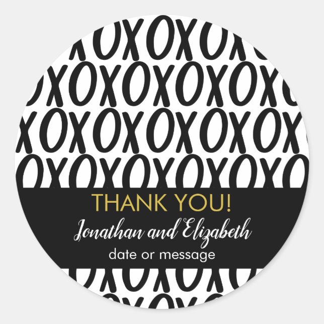 XOXO Hugs Kisses Thank You Black White Classic Round Sticker (Front)