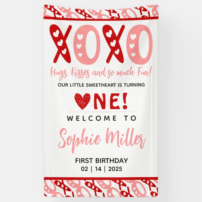 XOXO Hugs & Kisses Valentine's Day 1st Birthday Banner (Vertical)