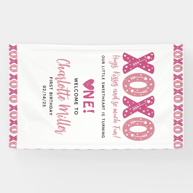 XOXO Hugs & Kisses Valentine's Day 1st Birthday  Banner (Horizontal)