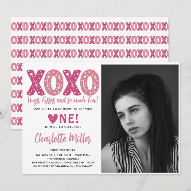 XOXO Hugs & Kisses Valentine's Day 1st Birthday Invitation (Front/Back)