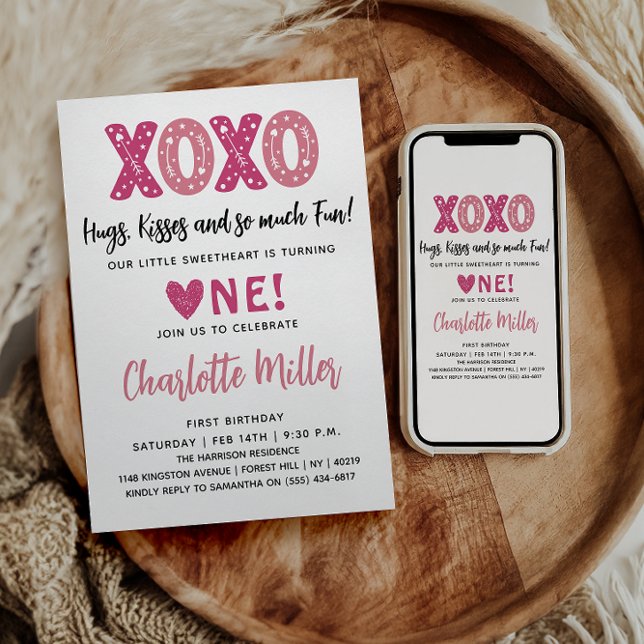 XOXO Hugs & Kisses Valentine's Day 1st Birthday Invitation (Creator Uploaded)
