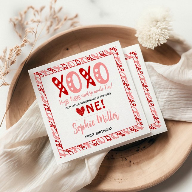 XOXO Hugs & Kisses Valentine's Day 1st Birthday Napkin (Creator Uploaded)