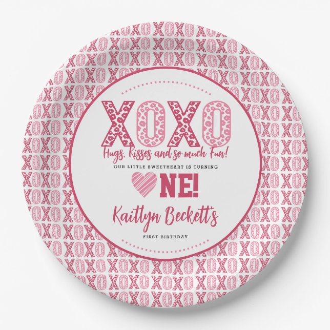 XOXO Hugs & Kisses Valentine's Day 1st Birthday Paper Plate (Front)