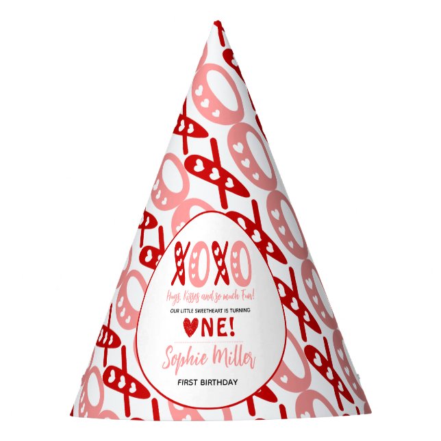 XOXO Hugs & Kisses Valentine's Day 1st Birthday Party Hat (Front)