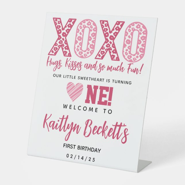 XOXO Hugs & Kisses Valentine's Day 1st Birthday Pedestal Sign (Front)