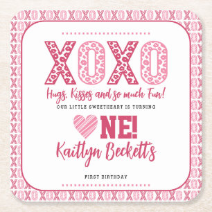 XOXO Hugs & Kisses Valentine's Day 1st Birthday Square Paper Coaster