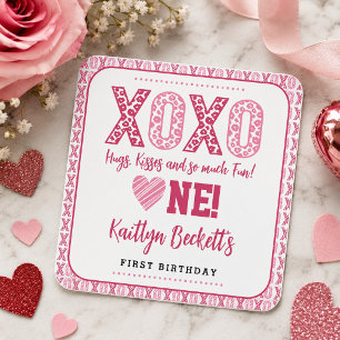 XOXO Hugs & Kisses Valentine's Day 1st Birthday Square Sticker