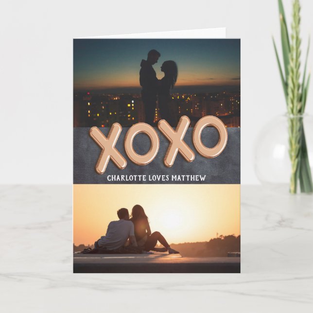 XOXO Love 2 Photo Personalised Rose Gold Balloons Holiday Card (Front)