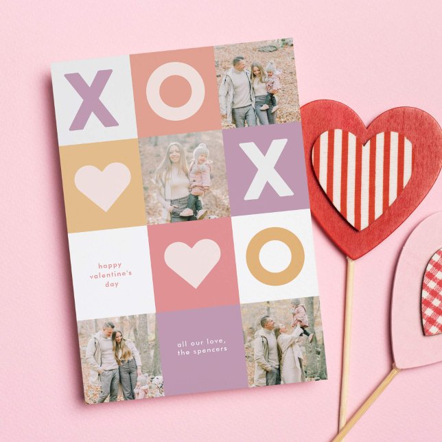 XOXO Modern 4 Photo Valentine's Day Holiday Card (XOXO checkerboard collage Valentine's Day card with 4 photo holders)