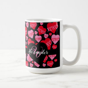 XOXO Monogram Heart Pink Red Pattern Black Coffee Mug
