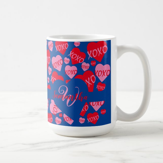 XOXO Monogram Heart Pink Red Pattern Blue Coffee Mug (Right)