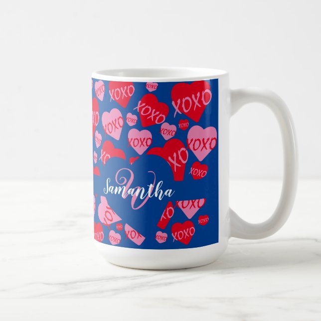 XOXO Monogram Heart Pink Red Pattern Blue Coffee Mug (Right)