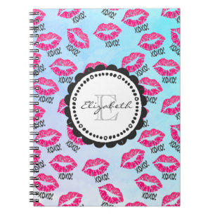 XOXO Pattern with Stylish Pink Kissy Lips Monogram Notebook