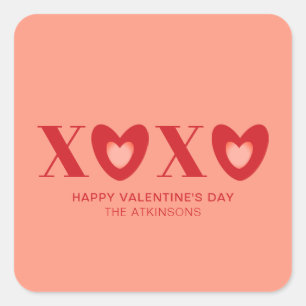 XOXO peach red hearts typography modern cute Square Sticker