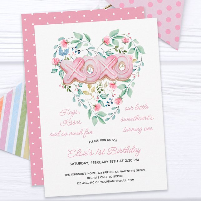XOXO Pink Cookie Delicate Floral Girl 1st Birthday Invitation (Creator Uploaded)