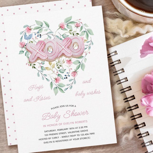 XOXO Pink Cookies Delicate Floral Baby Shower Invitation (Creator Uploaded)