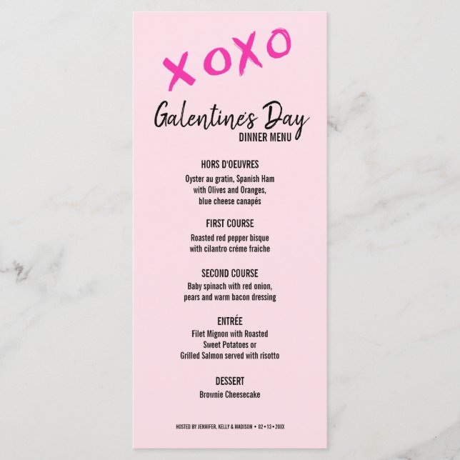 XOXO Pink girly Galentine's day party dinner Menu (Front)