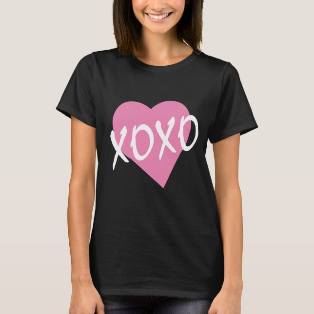 XOXO Pink Heart Black Hugs Kisses T-Shirt (Front)