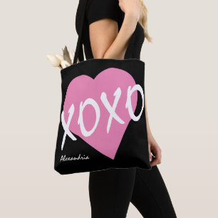 XOXO Pink Heart Black Hugs Kisses Tote Bag