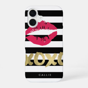 XOXO Pink Lip Print Black & White Stripe iPhone 16 Case