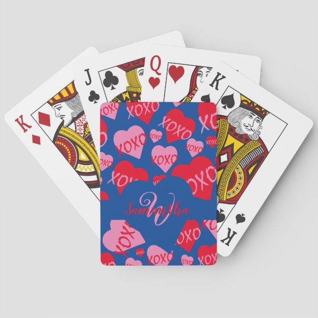 XOXO Pink Red Heart Pattern Monogram Blue Playing Cards (Back)