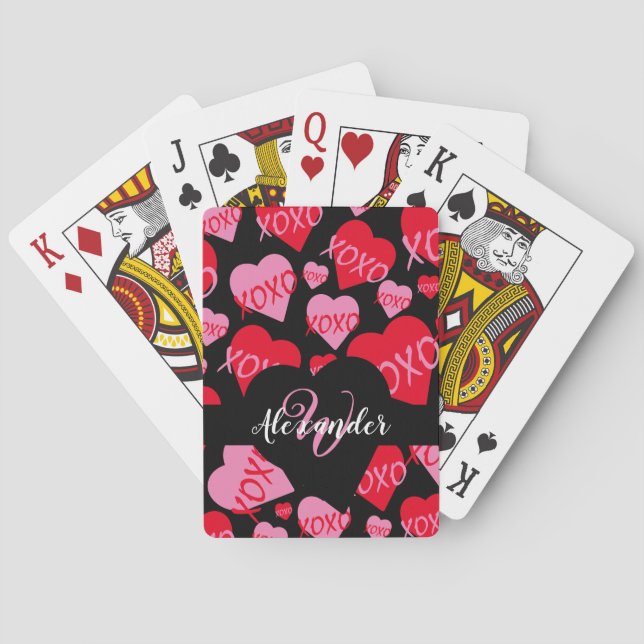 XOXO Pink Red Heart Pattern Monogram Blue Playing Cards (Back)