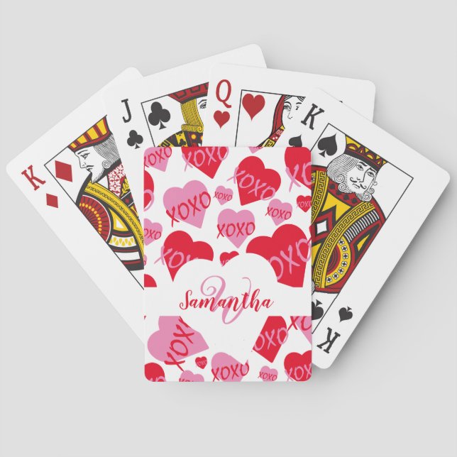 XOXO Pink Red Heart Pattern Monogram White Playing Cards (Back)