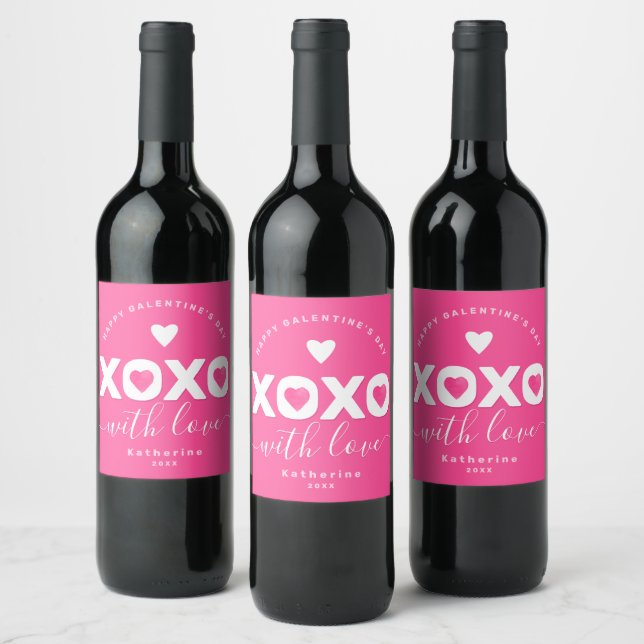 XOXO Pink White Happy Galentine's Day Custom Name Wine Label (Bottles)