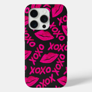 XOXO Quote Black Neon Pink Lips Lipstick Pattern iPhone 15 Pro Case