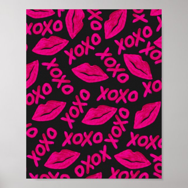 XOXO Quote Black Neon Pink Lips Lipstick Pattern Poster (Front)