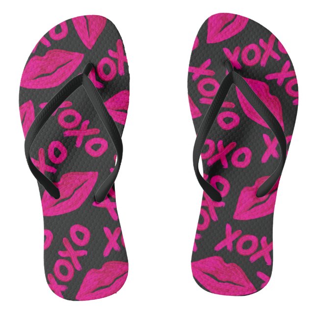 XOXO Quote Black Neon Pink Lips Lipstick Pattern Thongs (Footbed)