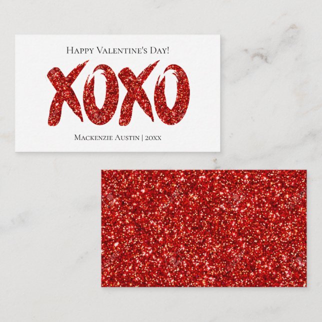 XOXO Red Glitter | Glam Brushstroke Valentines Day Note Card (Front/Back)