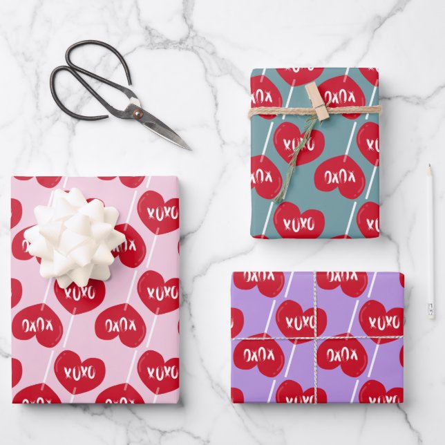 Xoxo red heart lollipop pattern wrapping paper sheet (Front)