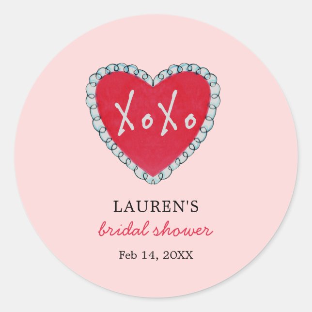 XOXO Red Heart on Pink Bridal Shower Classic Round Sticker (Front)