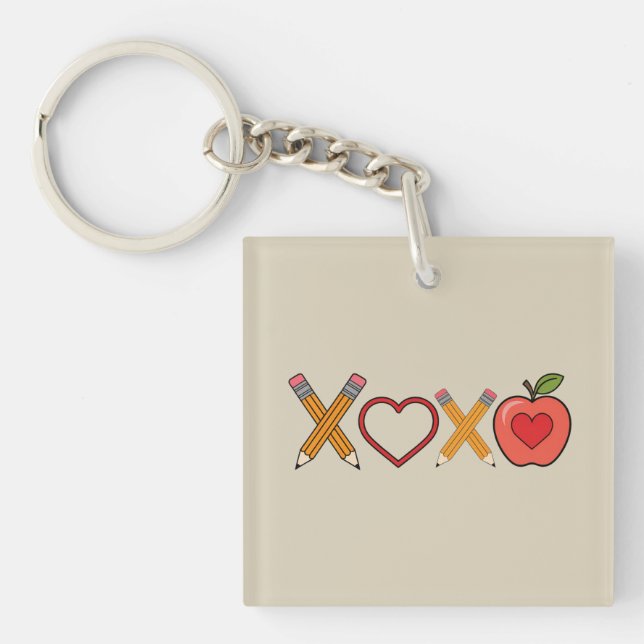 XOXO Teacher Valentine's Day Pencil And Apple  Key Ring (Front)