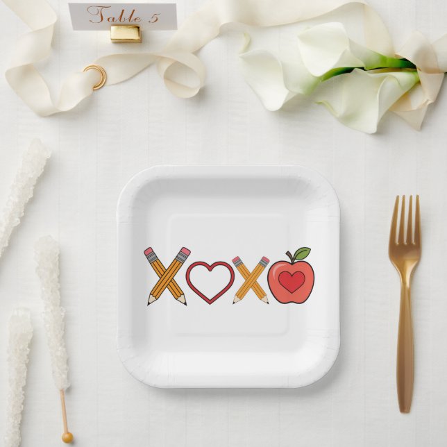 XOXO Teacher Valentine's Day Pencil And Apple  Paper Plate (Wedding)
