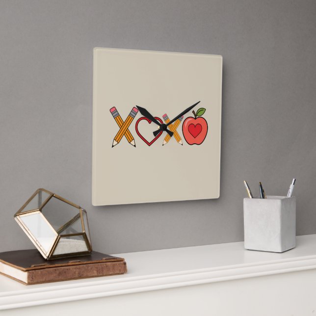 XOXO Teacher Valentine's Day Pencil And Apple  Square Wall Clock (Office)