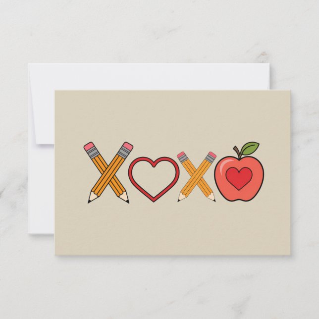 XOXO Teacher Valentine's Day Pencil And Apple  Thank You Card (Front)